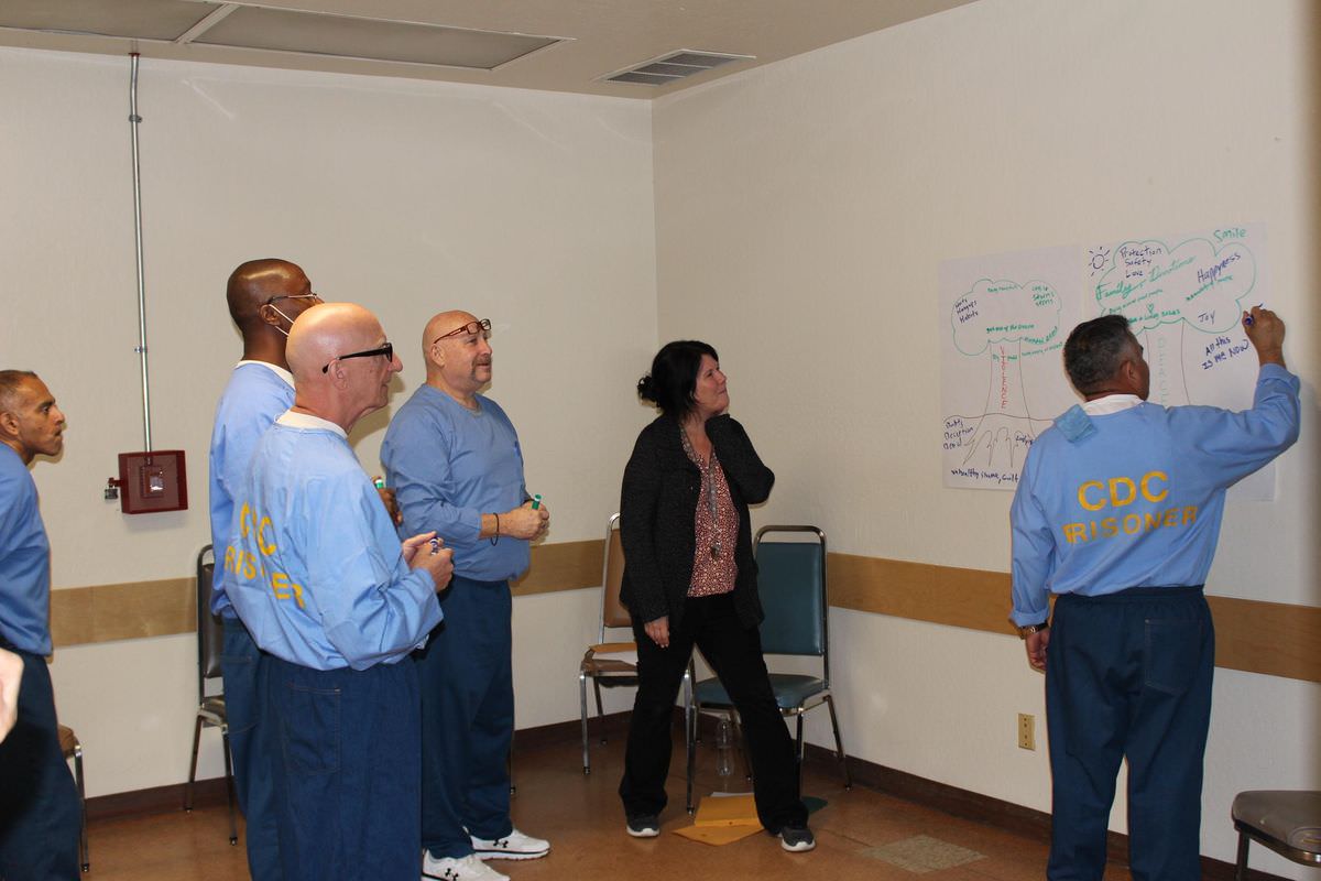 Class members write ideas on large sheets of paper on the classroom wall.